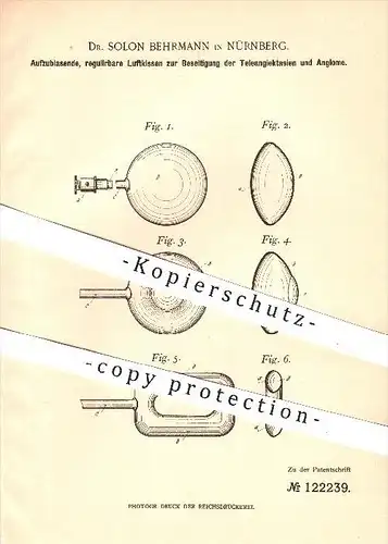 original Patent - Dr. Solon Behrmann , Nürnberg 1900 , Aufblasbare Luftkissen gegen Teleangiektasien u. Angiome , Kissen