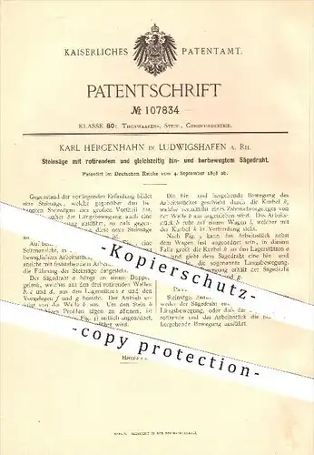 original Patent - K. Hergenhahn , Ludwigshafen 1898 , Steinsäge mit rotierendem Sägedraht , Säge , Sägen , Stein Gestein
