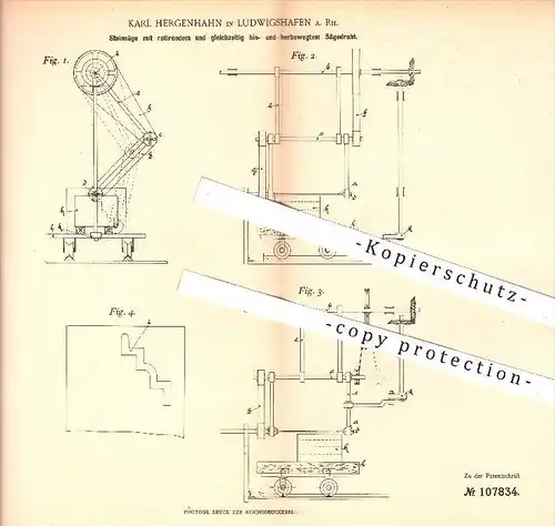 original Patent - K. Hergenhahn , Ludwigshafen 1898 , Steinsäge mit rotierendem Sägedraht , Säge , Sägen , Stein Gestein