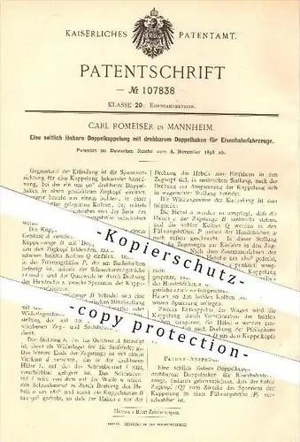 original Patent - Carl Romeiser in Mannheim , 1898 , Doppelkupplung für Eisenbahnen , Eisenbahn , Kupplung !!!