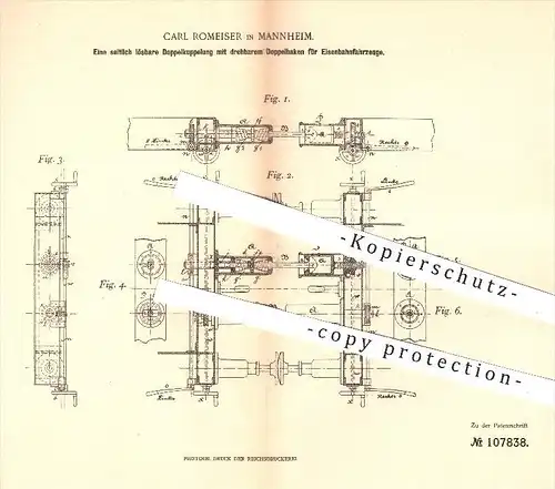 original Patent - Carl Romeiser in Mannheim , 1898 , Doppelkupplung für Eisenbahnen , Eisenbahn , Kupplung !!!