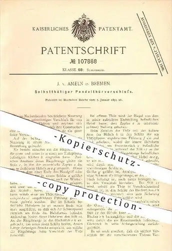 original Patent - J. v. Ameln in Bremen , 1899 , Verschluss für Pendeltür , Tür , Türen , Türschloss , Schlosser !!