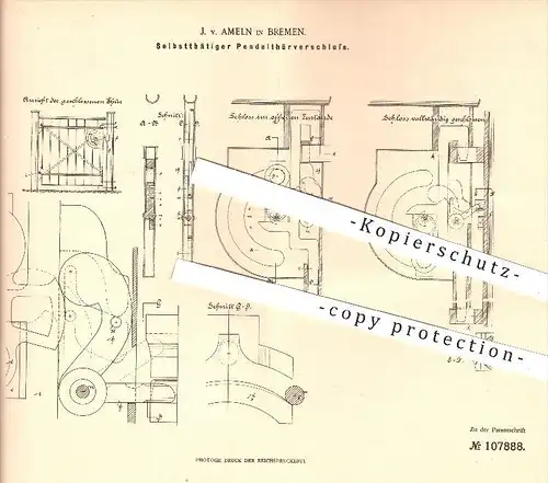 original Patent - J. v. Ameln in Bremen , 1899 , Verschluss für Pendeltür , Tür , Türen , Türschloss , Schlosser !!