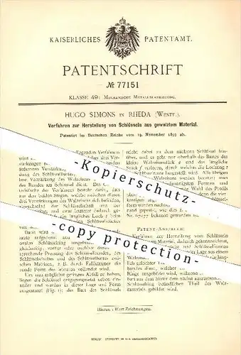 original Patent - Hugo Simons in Rheda , 1893 , Herstellung von Schlüsseln , Schlüssel , Walzeisen , Eisen , Schlosser