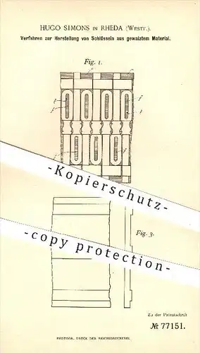 original Patent - Hugo Simons in Rheda , 1893 , Herstellung von Schlüsseln , Schlüssel , Walzeisen , Eisen , Schlosser