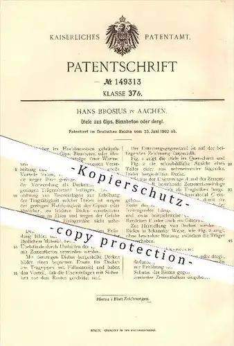 original Patent - Hans Brosius , Aachen , 1902 , Diele aus Gips , Bimsbeton , Beton , Zement , Dielen , Hochbau , Maurer