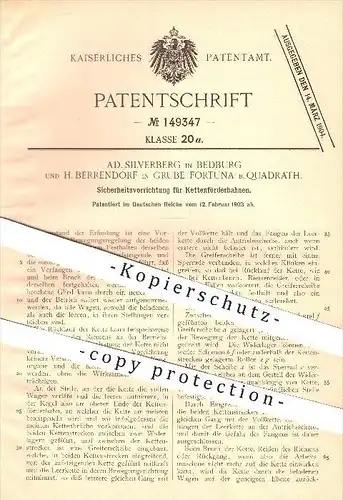 original Patent - Ad. Silverberg , Bedburg / H. Berrendorf , Grube Fortuna / Quadrath , 1903 , Kettenförderbahnen !!