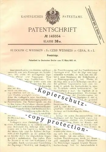 original Patent - Gebr. Weissker in Gera , 1903 , Pendelsäge , Säge, Sägen , Holzsäge , Holz , Kappsäge , Pendel !!!
