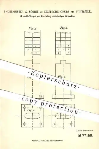 original Patent - Bauermeister & Söhne zu Deutsche Grube bei Bitterfeld , 1893 , Brikett - Stempel , Kohle , Brennstoffe