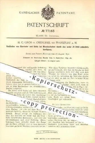 original Patent - H. C. Gros , Oberursel , Frankfurt / Main , 1893 , Verbinden von Oberleder und Sohle am Schuh , Schuhe
