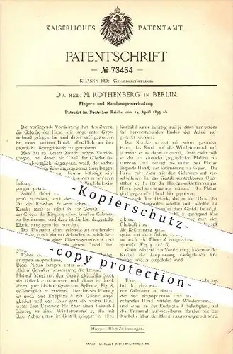 original Patent - Dr. med. M. Rothenberg , Berlin 1893 , Vorrichtung zum Beugen von Finger & Hand , Gesundheit , Medizin