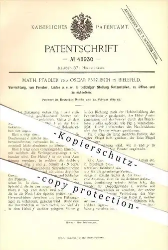 original Patent - Math. Pfadler , Oscar Englisch / Bielefeld , 1889 , Öffnen , Schließen u. Feststellen der Fenster !!