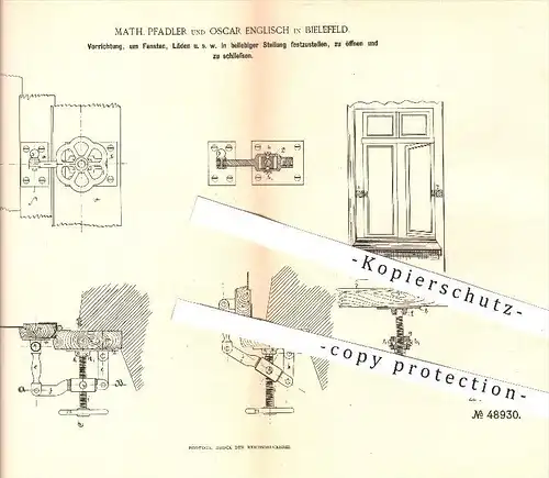 original Patent - Math. Pfadler , Oscar Englisch / Bielefeld , 1889 , Öffnen , Schließen u. Feststellen der Fenster !!