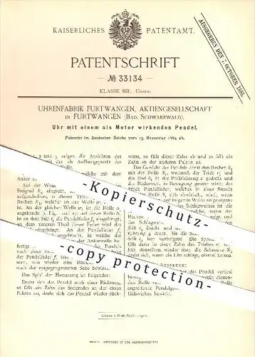 original Patent - Uhrenfabrik Furtwangen AG , 1884 , Uhr mit einem als Motor wirkenden Pendel , Uhren , Uhrwerk !!