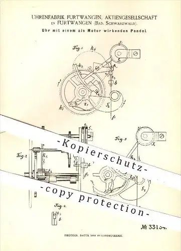 original Patent - Uhrenfabrik Furtwangen AG , 1884 , Uhr mit einem als Motor wirkenden Pendel , Uhren , Uhrwerk !!