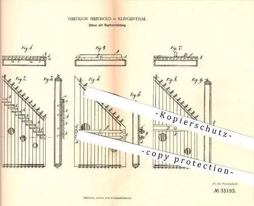 original Patent - Th. Meinhold , Klingenthal , 1884 , Zitter mit Rupfvorrichtung , Zittern , Musikinstrumente , Musik !!