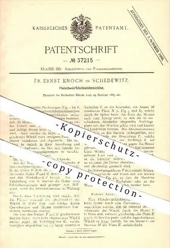 original Patent - Fr. E. Knoch , Schedewitz 1885 , Fleischwürfelmaschine , Fleisch , Fleischer Schlachter , Schlachterei