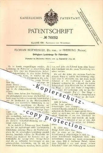 original Patent - Dr. Phil. F. Hofmeister , Freiburg , 1893 , Umlegbare Lenkstange für Fahrräder , Fahrrad , Lenkung !!