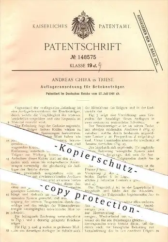 original Patent - Andreas Ghira in Triest , 1901 , Auflageranordnung für Brückenträger , Brücke , Brücken , Brückenbau !