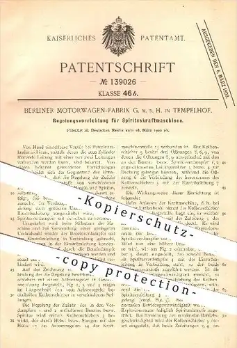 original Patent - Berliner Motorwagen - Fabrik GmbH , Berlin Tempelhof , 1902 , Regelung für Spriritus - Kraftmaschinen