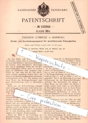 Original Patent  - T. Lübbecke in Hamburg , 1901 , Strahl- und Zerstäubungsapparat !!!