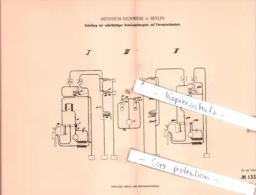 Original Patent  - H. Eichwede in Berlin , 1901 , Schlußzeichengabe auf Fernsprechämtern !!!
