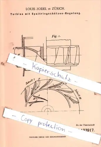 Original Patent  - Louis Zodel in Zürich , 1901 , Turbine mit Spaltringschützen-Regelung !!!