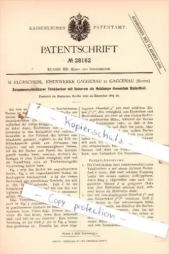 Original Patent  - M. Flürscheim, Eisenwerke Gaggenau , Baden , 1883 , Trinkbecher !!!