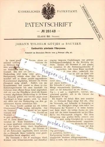 Original Patent  - Johann Wilhelm Götjes in Bautzen , 1884 , Pressen !!!