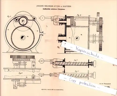 Original Patent  - Johann Wilhelm Götjes in Bautzen , 1884 , Pressen !!!