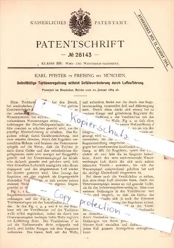 Original Patent  - Karl Pfister in Freising bei München , 1884 , Turbinenregulirung !!!