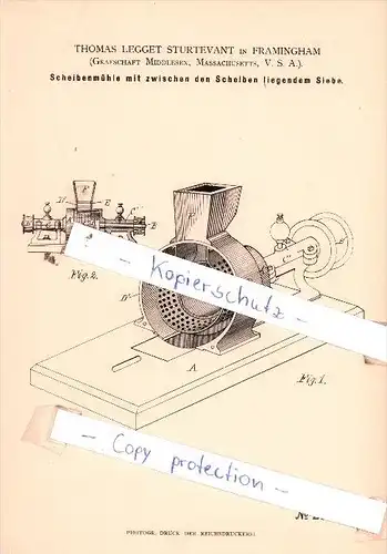 Original Patent  - Thomas Legget Sturtevant in Framingham , 1884 , Mühlen !!!