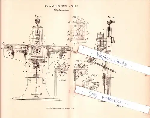 Original Patent  - Dr. Marcus Pinel in Wien , 1898 , Holzprägemaschine !!!