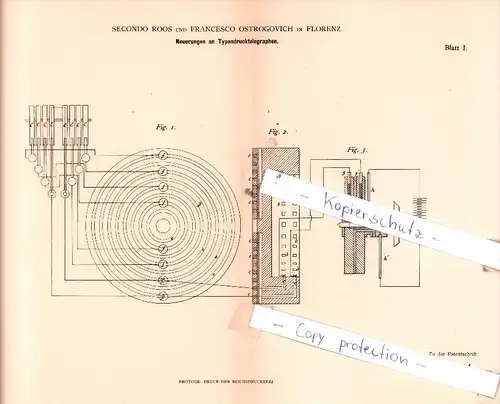 Original Patent  - S. Roos und F. Ostrogovich in Florenz , 1882 , Typendrucktelegraphen !!!