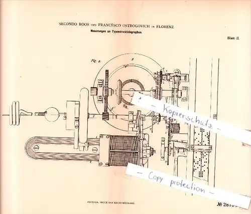 Original Patent  - S. Roos und F. Ostrogovich in Florenz , 1882 , Typendrucktelegraphen !!!