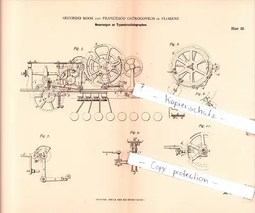 Original Patent  - S. Roos und F. Ostrogovich in Florenz , 1882 , Typendrucktelegraphen !!!