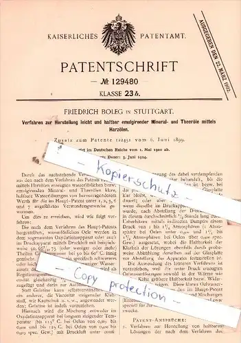 Original Patent  - F. Boleg in Stuttgart , 1900 , Mineral- und Theeröle !!!