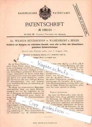 Original Patent  - Dr. W. Meyerhoffer in Wilmersdorf b. Berlin , 1896 , Reinigung von Carnallit !!!