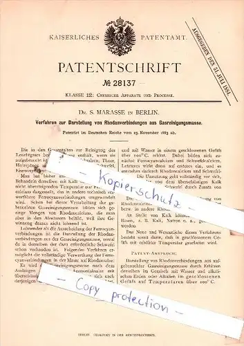 Original Patent  - Dr. S. Marasse in Berlin , 1883 , Darstellung von Rhodanverbindungen !!!