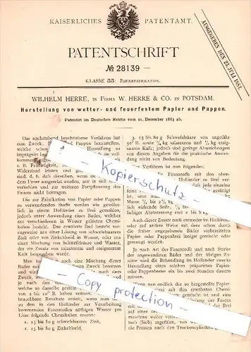Original Patent  - Wilhelm Herre, in Firma W. Herre & Co. in Potsdam , 1883 , !!!