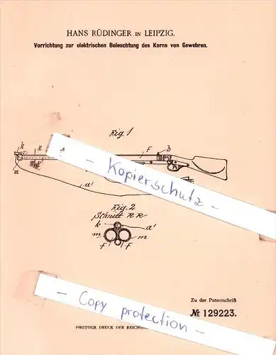 Original Patent  - H. Rüdinger in Leipzig , 1900 , Beleuchtung des Korns von Gewehren !!!