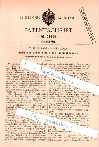Original Patent  - Carlos Fader in Mendoza , 1900 , Zünd- und Löschvorrichtung für Gasbrenner !!!