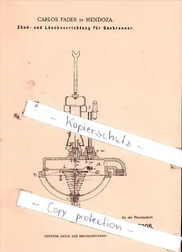 Original Patent  - Carlos Fader in Mendoza , 1900 , Zünd- und Löschvorrichtung für Gasbrenner !!!