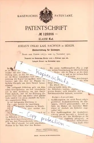 Original Patent  - Johann Oskar Karl Rachner in Berlin , 1901 , Zündvorrichtung für Gaslampen !!!