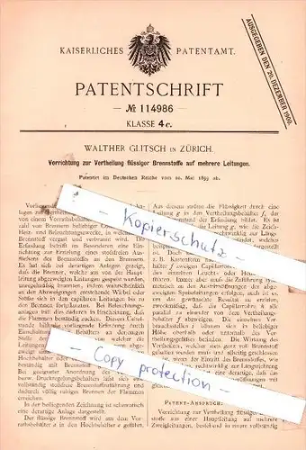 Original Patent  - Walther Glitsch in Zürich , 1899 , Vertheilung flüssiger Brennstoffe !!!