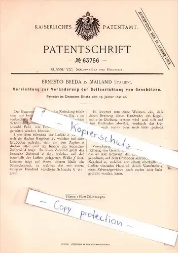 Original Patent  - Ernesto Breda in Mailand , Italien , 1892 , Schusswaffen und Geschosse !!!