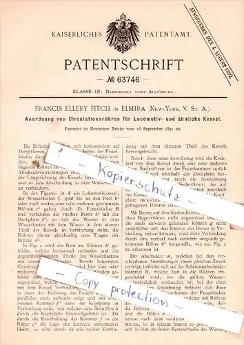 Original Patent  - Francis Ellery Fitch in Elmira , New-York, V. St. A. , 1891 , Dampfkessel !!!