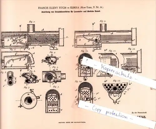 Original Patent  - Francis Ellery Fitch in Elmira , New-York, V. St. A. , 1891 , Dampfkessel !!!