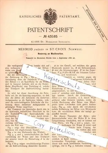 Original Patent  - Mermod Frères in Ste Croix , Schweiz , 1887 , Neuerung an Musikwerken !!!