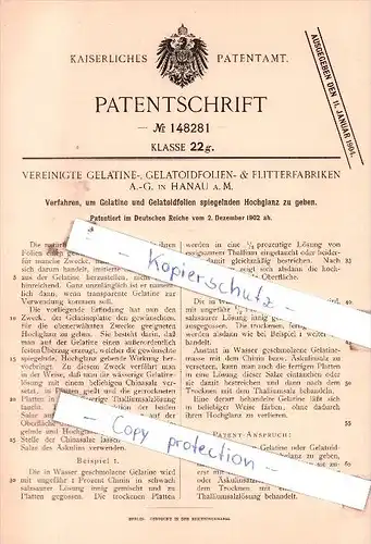 Original Patent  - Vereinigte Gelatine-, Gelatoidfolien- & Flitterfabriken A.-G. in Hanau , 1902 ,  !!!